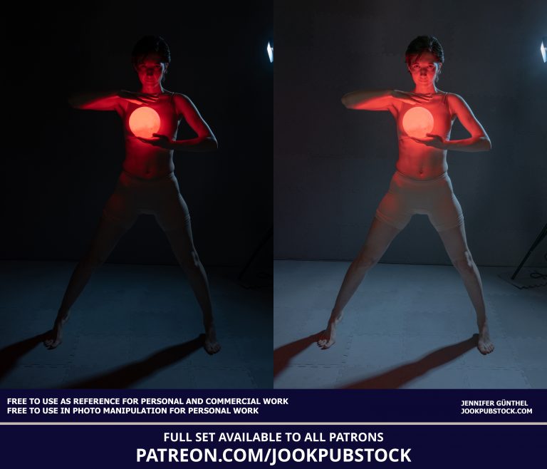 drawing reference photo of a model wearing form fitting underwear and holding a glowing orb