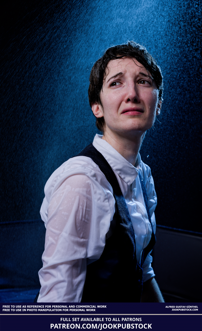 drawing reference photo of a model wearing a dress shirt and vest, sitting in the rain